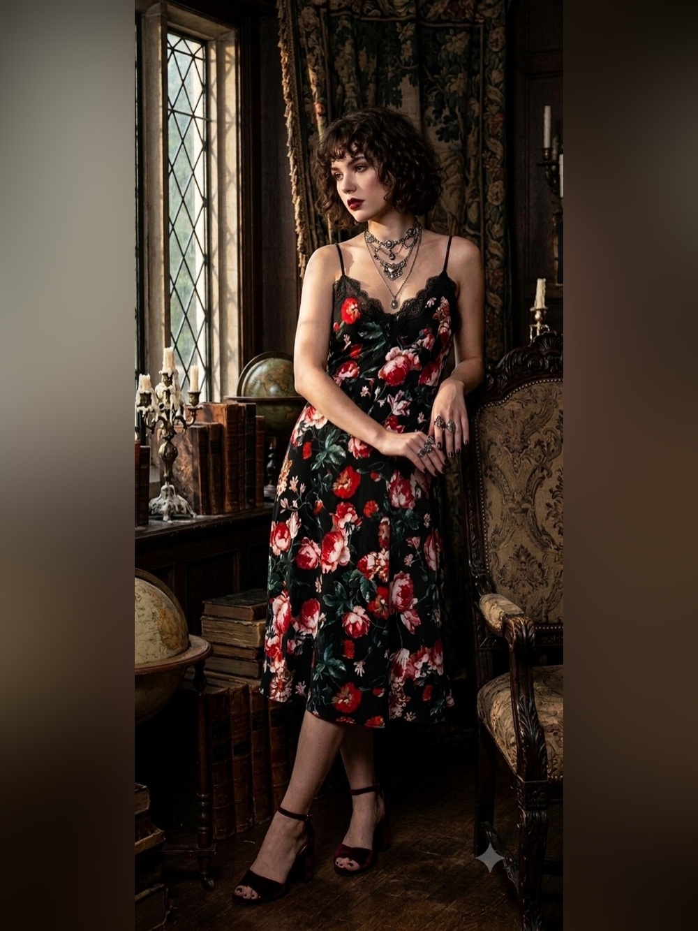 Foxiedox Black Moody Floral Lace Midi Dress S Whimsigoth Soft Alt Romance Vampy